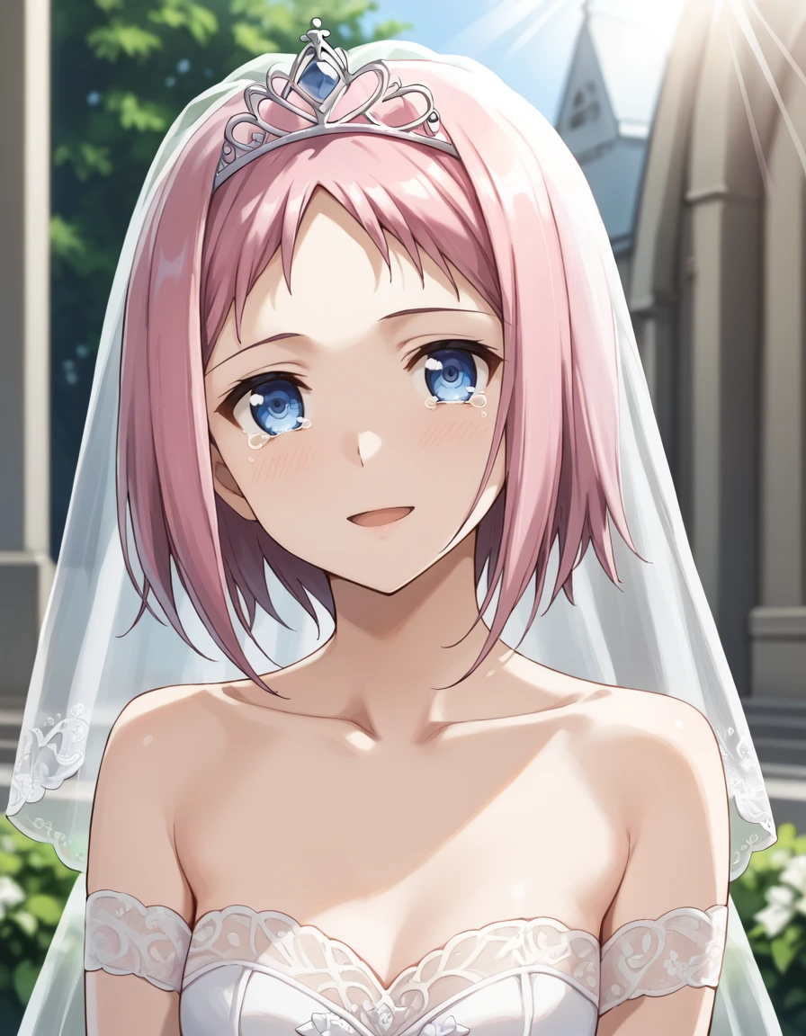 score_9, score_8_up, score_7_up, source_anime, BREAK
1girl, solo, looking at viewer, blurry background, church, light rays, sunlight,
kazumi schlierenzauer, pink hair, short hair, blue eyes,
tears, upper body, happy, collarbone, arms at sides,
<lora:kazumi_schlierenzauer_anime-soralz:1>, hand on eyes, wiping tears,
<lora:wedding dress_pony_V1.1:1>, tiara, bridal veil, wedding dress, wedding ring, bare shoulders,