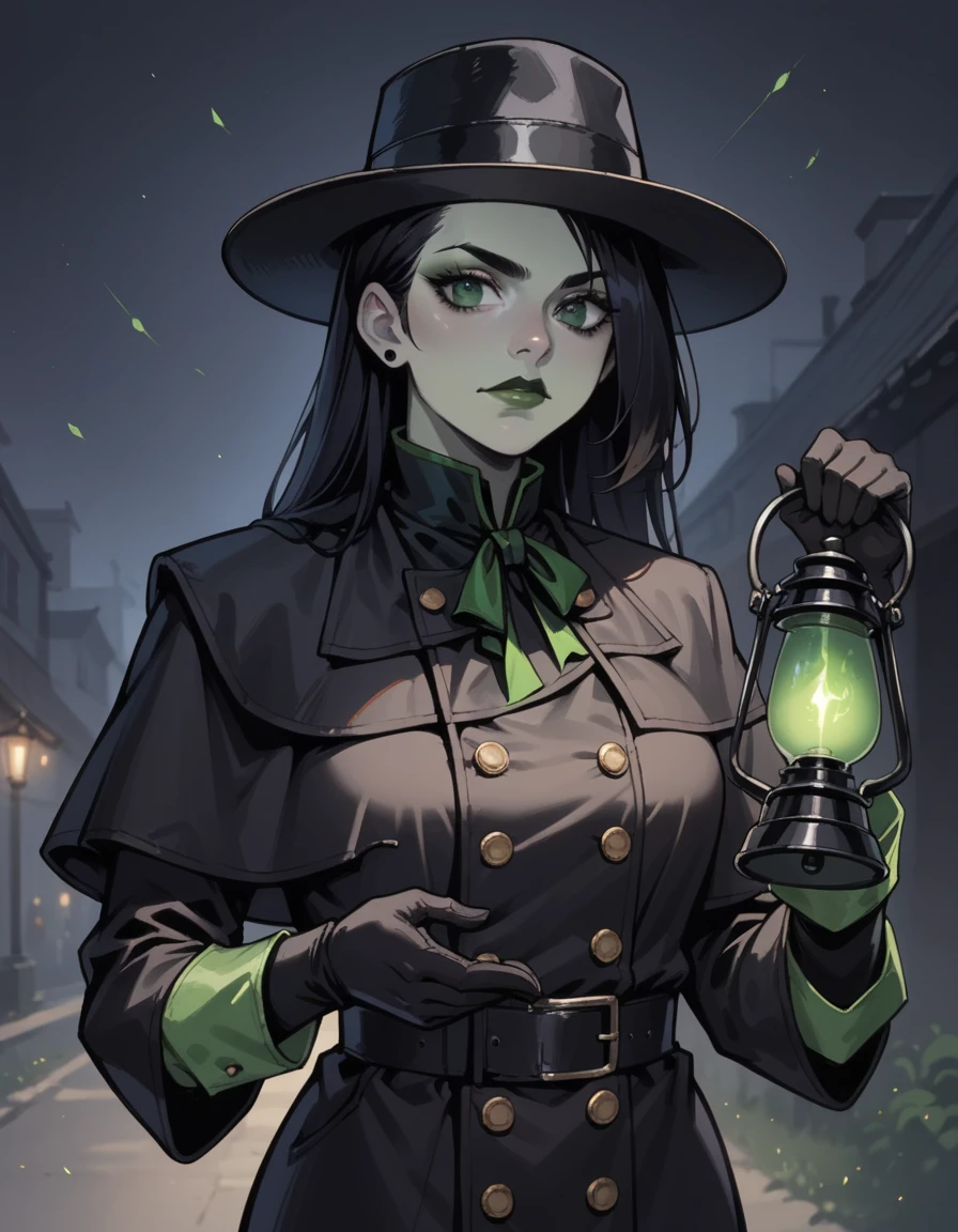 score_9, score_8_up, score_7_up, score_6_up, score_5_up, score_4_up, 1girl, SHEGO, solo, black headwear, hud_plagu3_doc, double-breasted black coat, buttons, black gloves, black capelet, facing viewer, hat, upper body, <lora:hud_plagu3_doc_XLP:0.8> , night, outdoors, holding lantern