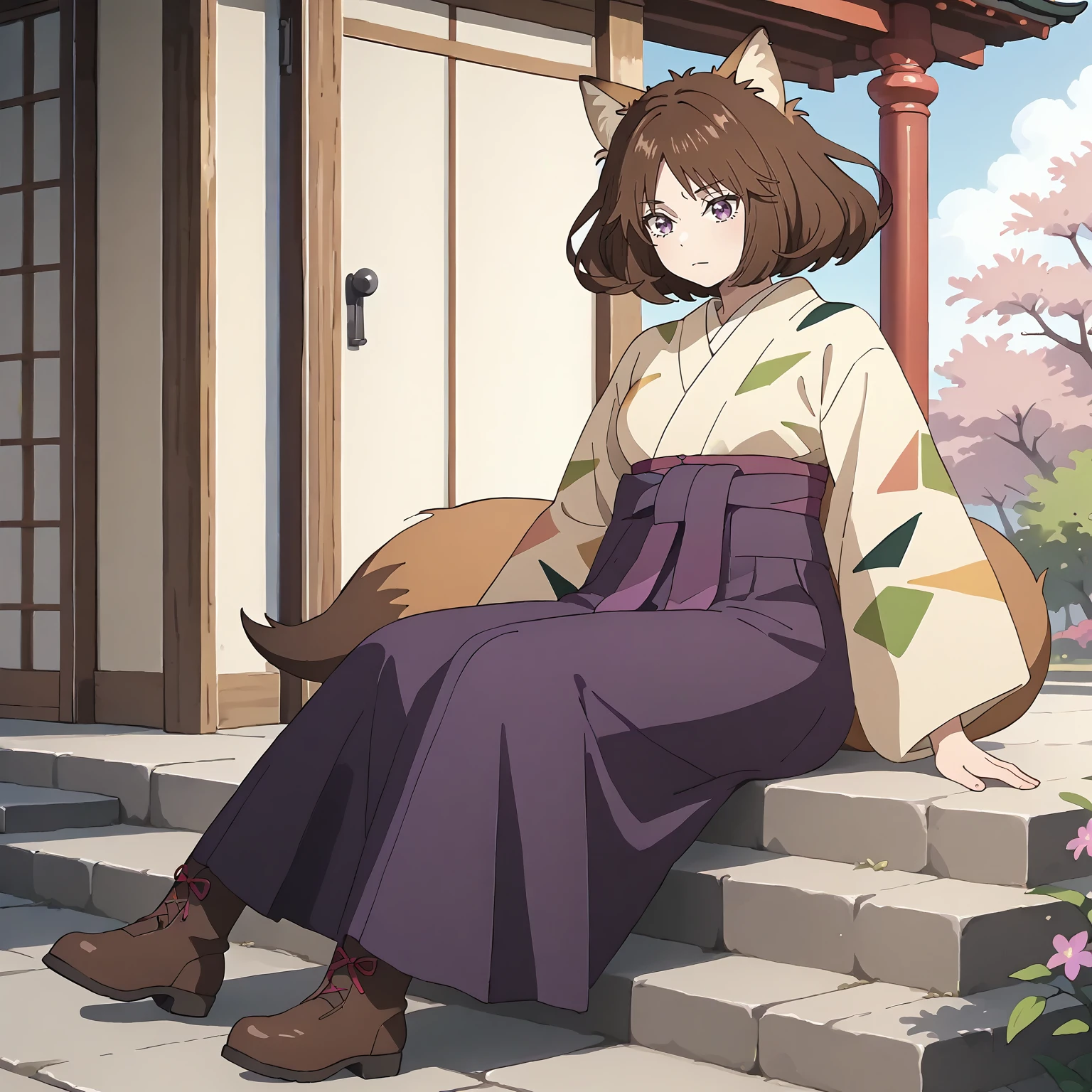 <lora:DG_Dongitsune2XLpony001>,
outdoors,
solo,
Dongitsune2,1girl,brown hair,medium hair,fox_ears,purple eyes,
japanese clothes,
purple hakama,
fox tail,
lace-up boots,
sitting,