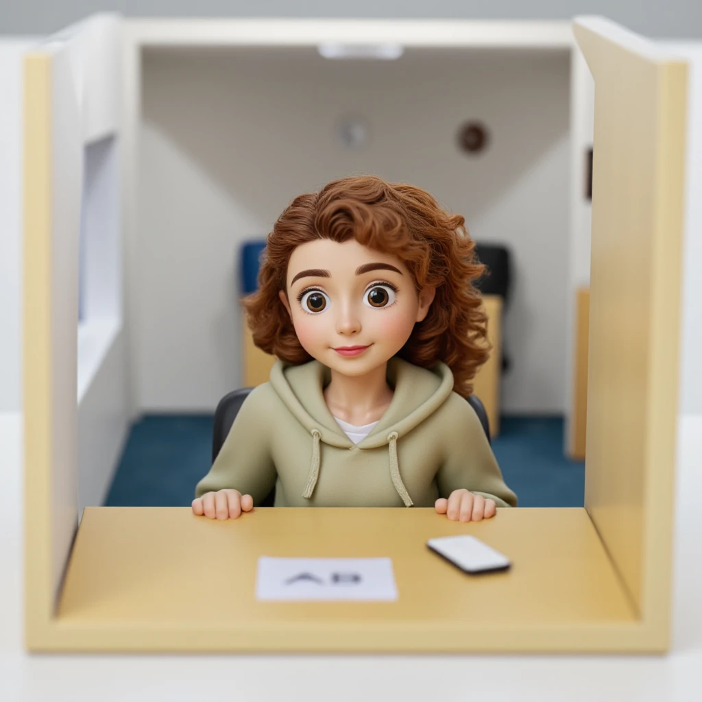 <lora:Sophie Hermans:1.4> Sophie Hermans, woman, curly hair, Pullover hoodie, looking at viewer, government office, window, door, Tiny cute isometric in a cutaway box, soft smooth lighting, soft colors, 100mm lens, 3d blender renderâââ