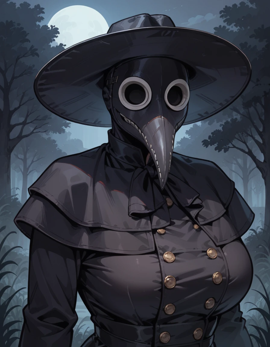 score_9, score_8_up, score_7_up, score_6_up, score_5_up, score_4_up, 1girl, solo, black headwear, large breasts, hud_plagu3_doc, plague doctor, black coat, buttons, black gloves, black capelet, facing viewer, mask, hat, upper body, <lora:hud_plagu3_doc_XLP:1> , night, outdoors