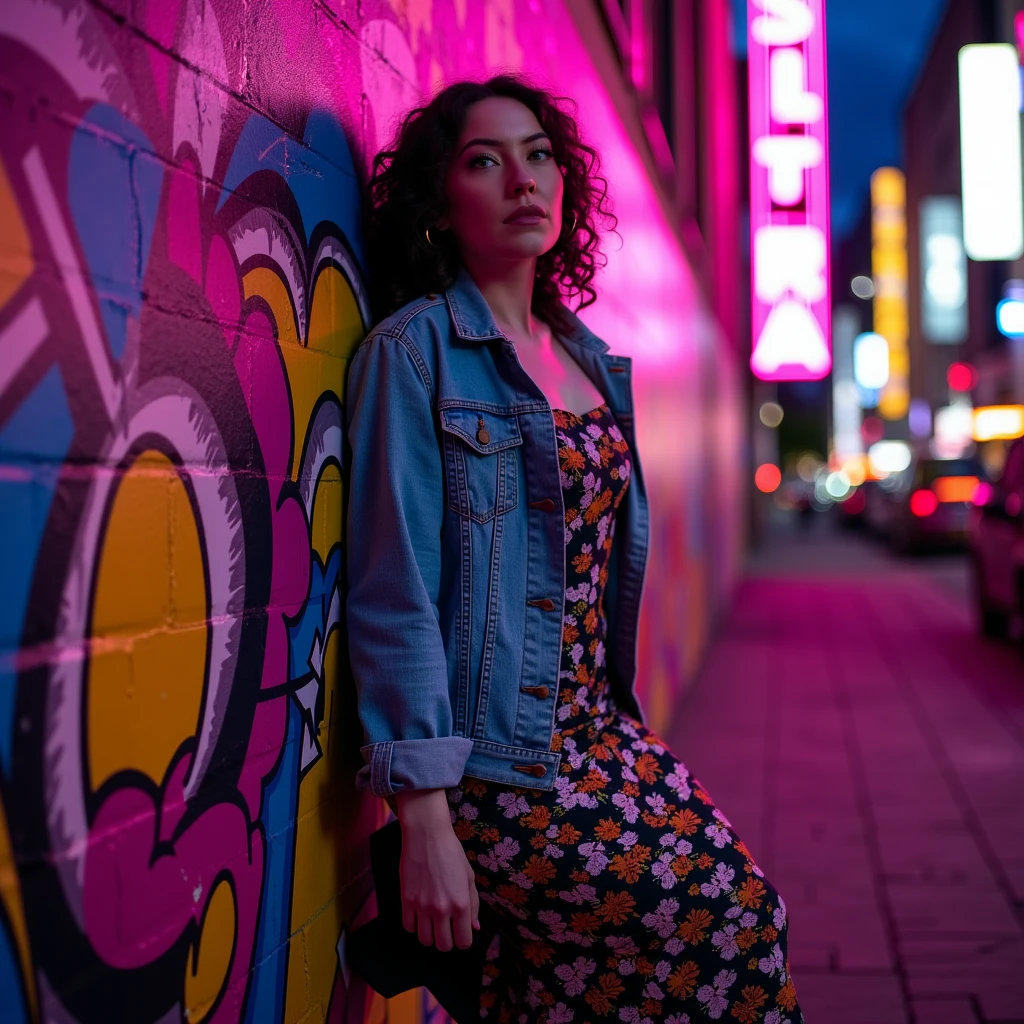 cinematic, masterpiece, ultra detailed textures and colors, 8k, a beautiful woman against a graffiti-covered wall in a vibrant cityscape at dusk. She wears a vintage denim jacket over a floral maxi dress, with chunky boots for a modern twist. Her hair is styled in loose curls, and she sports bold, dark eyeliner. The scene is captured with a mirrorless camera using a wide-angle lens to emphasize the urban environment, with neon lights reflecting in her eyes, creating a lively and rebellious mood..,bshp,bbriggs,bshbrs