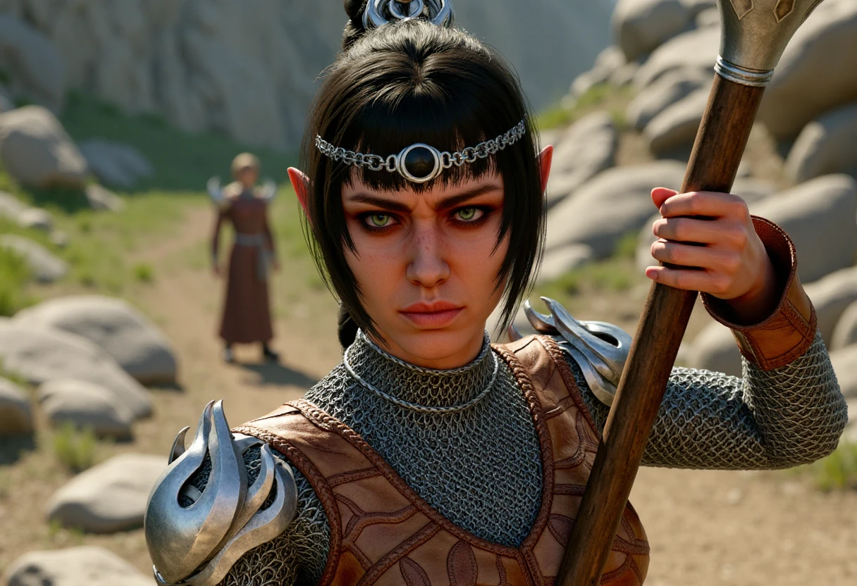 Upper half-body shot of a female character with short, dark hair in a loose braid, wearing a silver circlet with a black jewel and crescent moon design on her forehead. Her expression is intense and focused, with her green eyes locked in a determined gaze. She holds a staff in one hand, raised defensively, as though ready to cast a spell. Her leather armor, with intricate vine-like patterns and silver accents, glints in the light, showing fine craftsmanship. Her chainmail sleeves and shoulder pauldrons add a rugged, protective look, perfect for a skilled warrior-mage in the midst of battle. The background is a rocky, sunlit battlefield with hints of greenery.