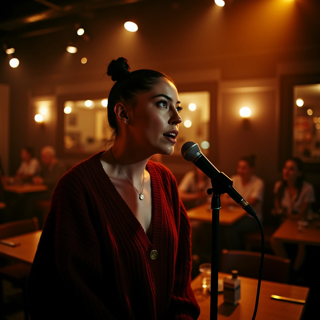 cinematic, masterpiece, ultra detailed textures and colors, 8k, a beautiful woman in a close-up of her performing in a cozy, dimly lit café. She wears a cozy oversized sweater paired with a delicate necklace, her hair loosely tied in a bun with a few strands framing her face. Use a warm light to create a relaxed, intimate atmosphere, with a shallow depth of field focusing on her expressive face while the background blurs into soft shapes of tables and patrons, enhancing the connection with the audience..,bshp,bbriggs,bshbrs