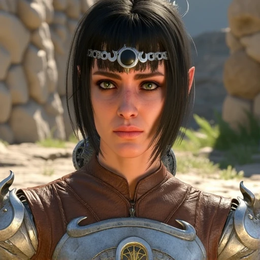 Close-up of a female character with choppy dark bangs and silvery, braided hair. She wears a silver circlet adorned with a central black jewel and crescent moon motifs, adding an arcane elegance. Her expression is serious and contemplative, with piercing green eyes that reflect wisdom and strength. Her armor combines rugged brown leather and polished silver metal, with an intricate sunburst design on the chest plate. She stands in a bright, sunlit courtyard with a rustic, stone background, creating a peaceful yet adventurous atmosphere.