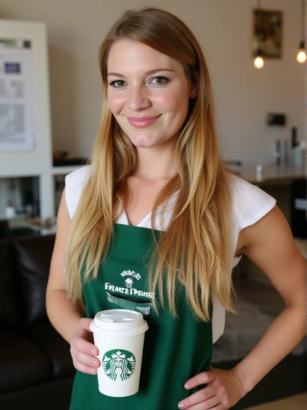 Aurora Snow is a long hair woman. She wears a starbucks uniform and serves coffee. Smiling<lora:Aurora_Snow:0.9>