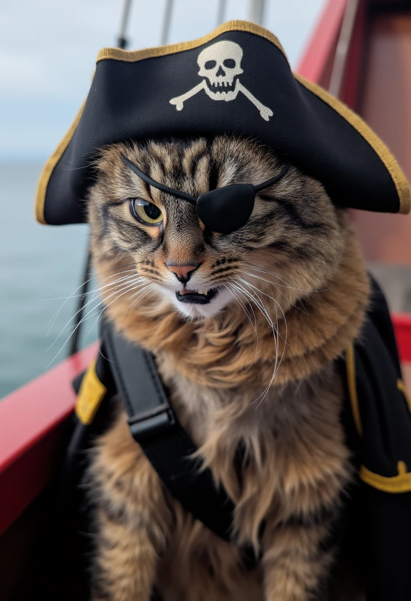 <lora:Allie_-_My_Cat_FLUX:1.0>
photograph of a fluffy, medium-sized cat named Allie with a mottled coat featuring dark brown and black tabby stripes, looking angry with fangs showing, dressed like a pirate captain on a pirate ship, wearing a pirate captain hat, wearing an eyepatch.