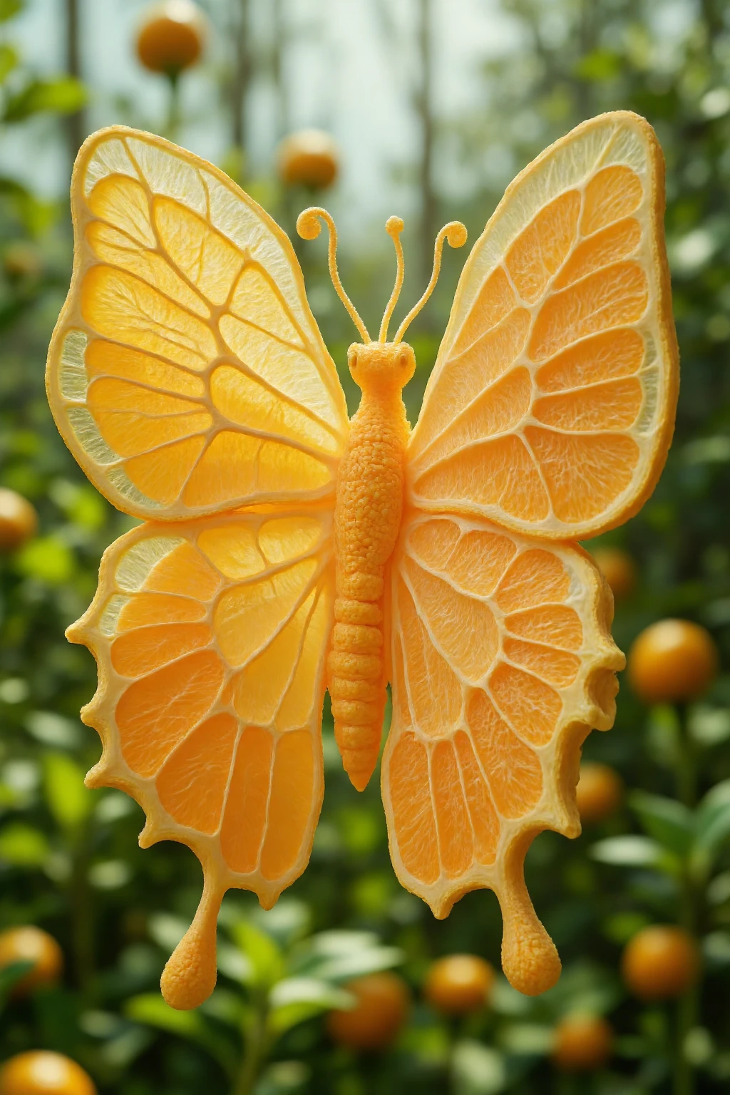 Fruitmix_flx, Ultra-detailed, photorealistic butterfly sculpture made from thinly sliced oranges, with wings crafted from translucent orange segments, showing intricate veins and pulp. The butterfly's body is created from small, curved orange peels, with antennae crafted from delicate orange zest. Set against a bright, blurred garden background, capturing the surreal beauty and vibrant color contrast of orange fruit as a butterfly.