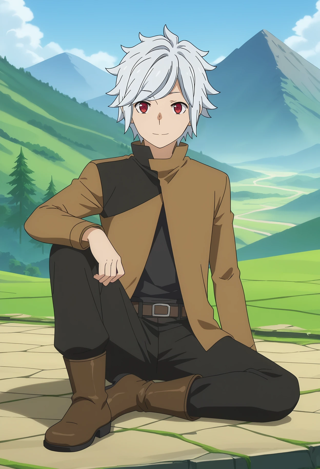 score_7_up, anime screencap,
<lora:DanMachi_BellCranelXL:0.9>,
1boy, solo, closed mouth, light smile,
short hair, grey hair, red eyes,
BellCranel, high collar, brown jacket, black shirt, long sleeves, black pants, brown belt, belt buckle,
boots, brown footwear
sitting, knee up, on ground, looking at viewer,
scenery, mountains, forest