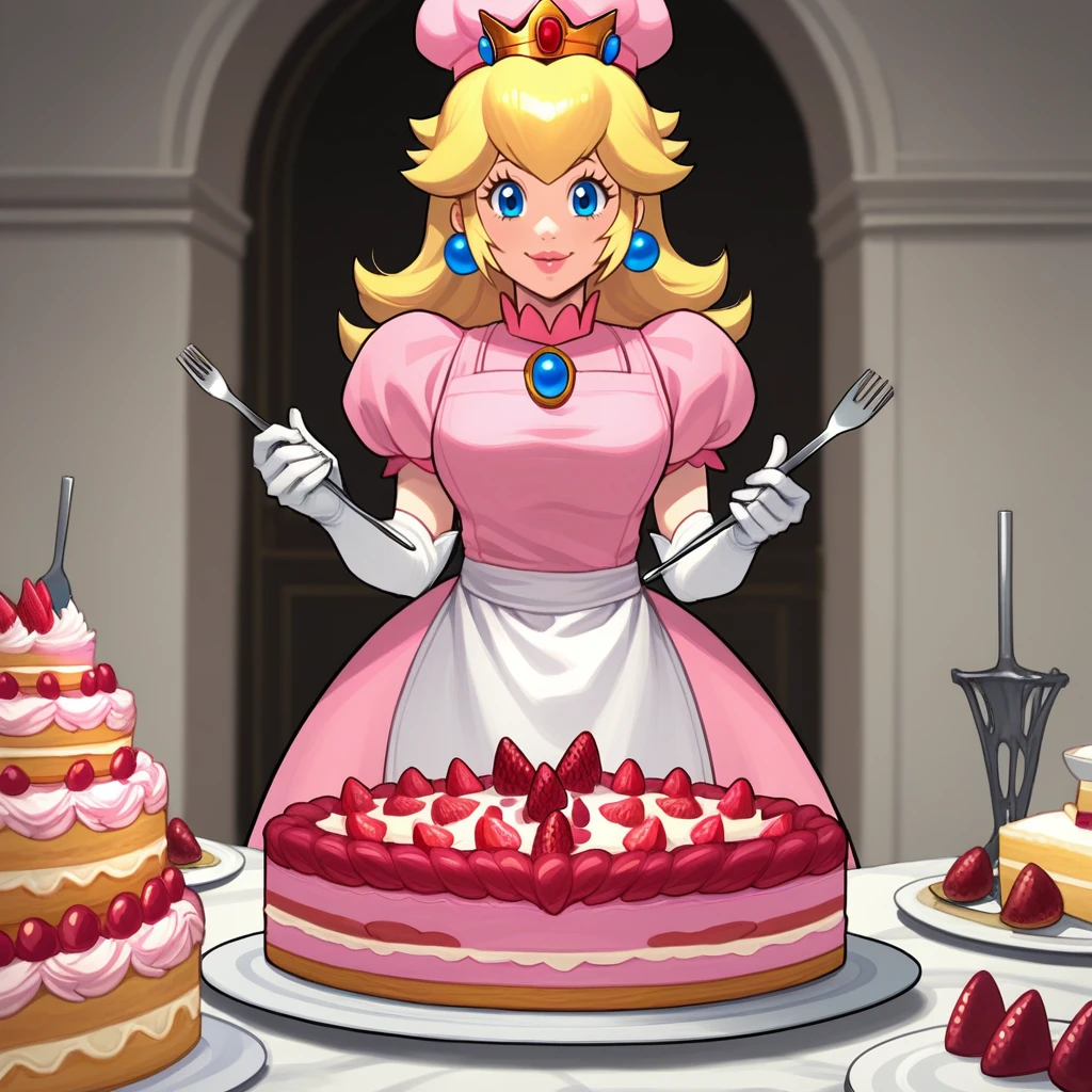 score_9, score_8_up, score_7_up, score_6_up, score_5_up, score_4_up, zPDXL2,source_anime,rating_questionable, 1girl, solo, princess peach, standing, looking at viewer, smile, apron, chef, <lora:Feast:0.8> f34st,feast, banquet, cake, pink cake, strawberries