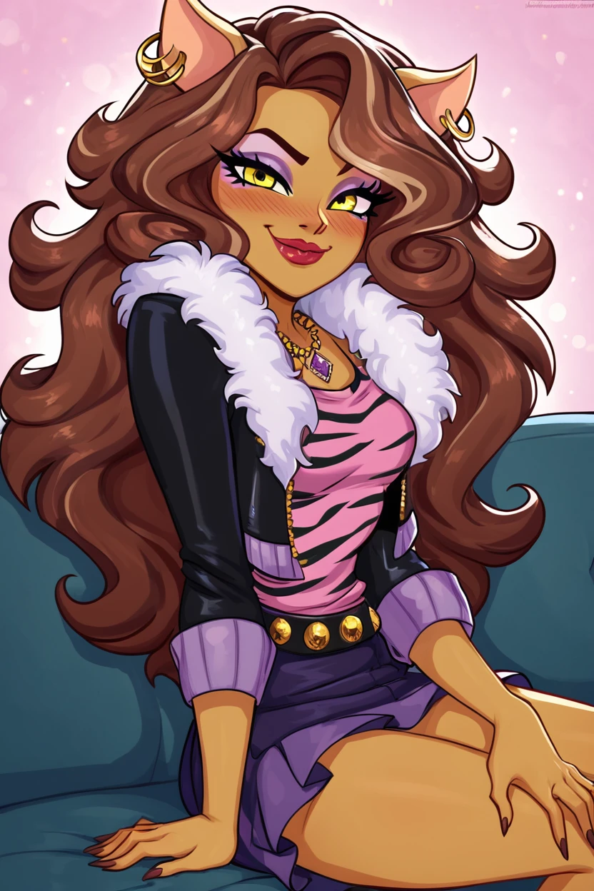 score_9, score_8_up, score_8, medium breasts, (curvy), cute, eyelashes, ,,, zzClawdeen, long hair, brown hair, dark skin, animal ears, yellow eyes, jewelry, earrings, makeup, lipstick, eyeshadow, jacket, skirt, belt, necklace, stripes, <lora:Clawdeen_MH_PDXL:0.8> ,,, hand on leg, blush, smug, closed mouth, ,,, smile, looking at viewer, blush, blurry, couch, sitting, ,,, <lora:Afrobull_PDXL_v5:0.8>, , ,,, BREAK, smile, looking at viewer, cowboy shot, embedding:zPDXL, Expressiveh, <lora:SDXLFaeTastic2400:0.5>, <lora:Expressive_H-000001:0.4>,