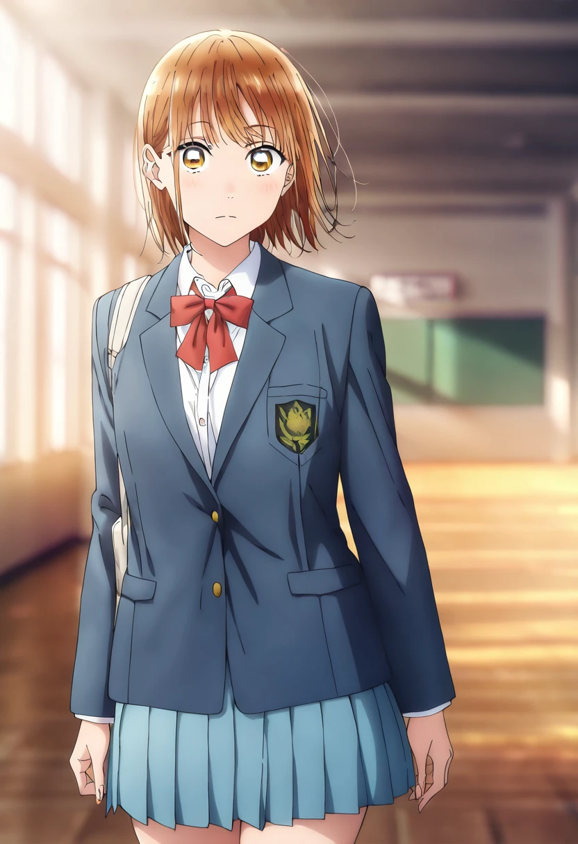 1girl, solo, Chinatsu, <lora:Kano_Chinatsu:0.7>, blurry background, chool uniform, white shirt, blue skirt, red ribbon, pleated skirt, blazer, blue jacket, looking at viewer, masterpiece, best quality, amazing quality, very aesthetic, absurdres