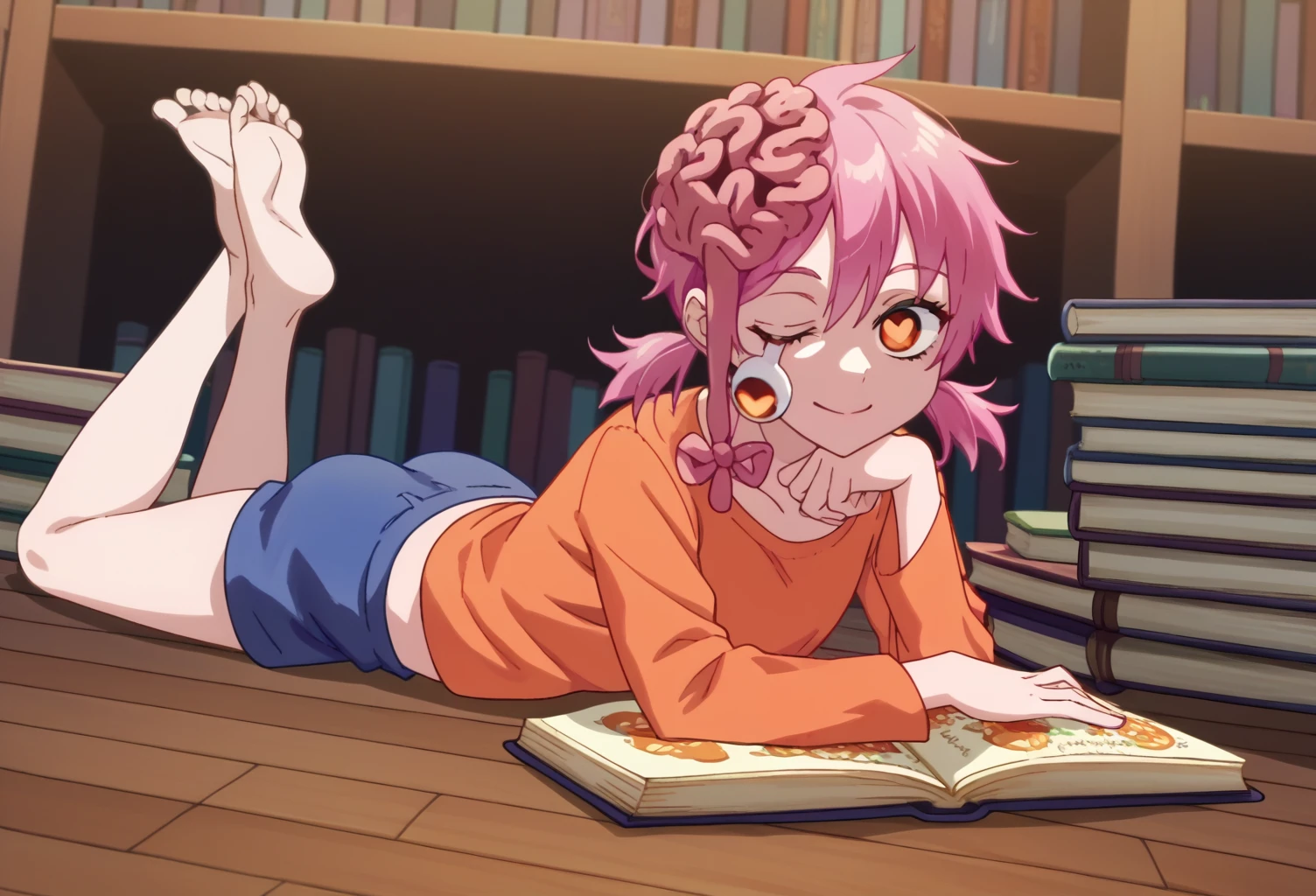 score_9, score_8_up, score_7_up, score_6_up, score_5_up, score_4_up, source_anime, cosmohlwn, (screencap), one eye closed, eyeball, <3 pupils, orange eyes, pink hair, low twintails, short hair, lying on stomach, legs up, orange top, open book, blue shorts, bare feet, halloween theme, sweets on floor, wooden floor, from angle, from side, reading book, books, smile, closed mouth, front view, looking at viewer,  ,