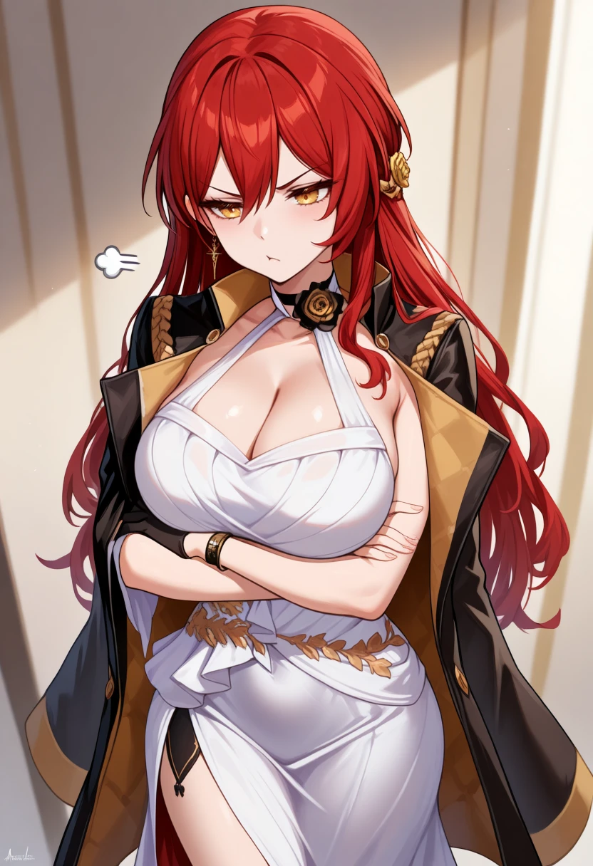 masterpiece, best quality,  <lora:last:0.9>  white dress, single glove, red trim, halterneck, hair ornament, gold trim, gold bracelet, black high heels, black gloves, black coat, red hair, long hair, yellow eyes, pouting, >:x