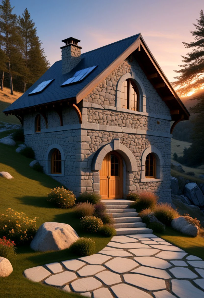 a stone house in a realistic style, blending into the environment, dug into the ground on a rock, in the foreground an evil wizard dusk,sunset,shadows,a sense of mysticism,bad magic,