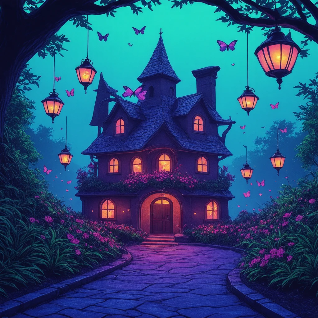 synthwave illustration, The main subject of the image is a whimsical fairy-tale cottage with a vibrant color palette, featuring shades of blue and green. It's situated amidst an enchanted garden setting with glowing lanterns floating in the air above it. The position suggests that this scene takes place at night or during twilight hours due to the presence of illuminated elements like the lanterns and soft lighting throughout the environment.

There are no vehicles visible in the image; instead, there is a focus on fantastical objects such as oversized lanterns with glowing butterflies inside them, which adds to the enchantment of the scene. The cottage's design includes arched windows, a pointed roof, and an entrance adorned with pink flowers, contributing to its magical appearance.

This description focuses solely on observable elements without delving into assumptions or additional details not explicitly depicted in the image provided.