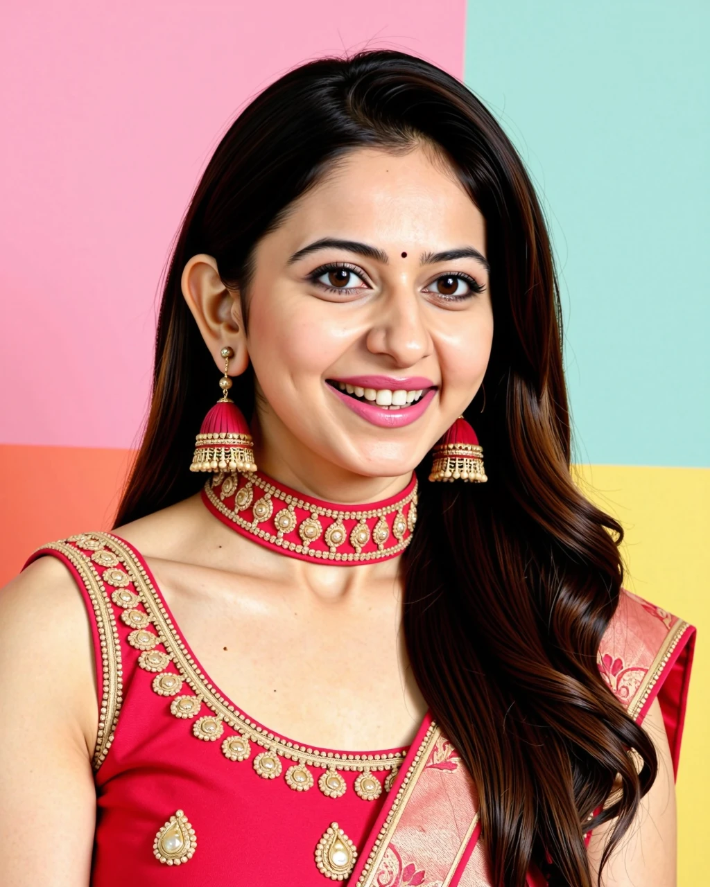 headshot photo of Rakul Preet Singh woman,candid photo with natural colors, laughing expression on face,studio quality, wearing intricate elegant conservative turtleneck Red Ghagra Choli, curls, pastel shaded multicolored background, cinematic soft lighting<lora:TestBed\Rakul_Preet_Singh_Kohya_V1-000007.safetensors:1.0:1.0>