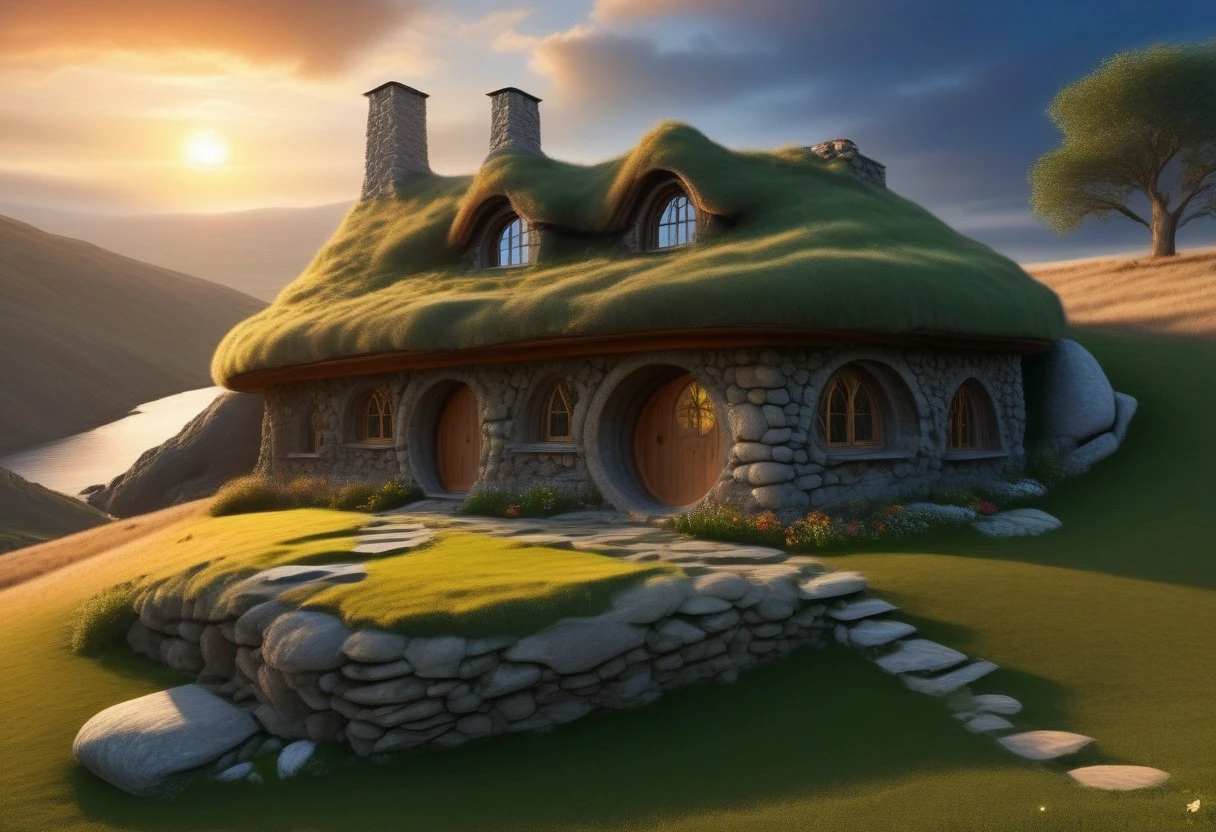 a stone house in a realistic style, blending into the environment, dug into the ground on a rock, in the foreground an evil wizard dusk,sunset,shadows,a sense of mysticism,bad magic,