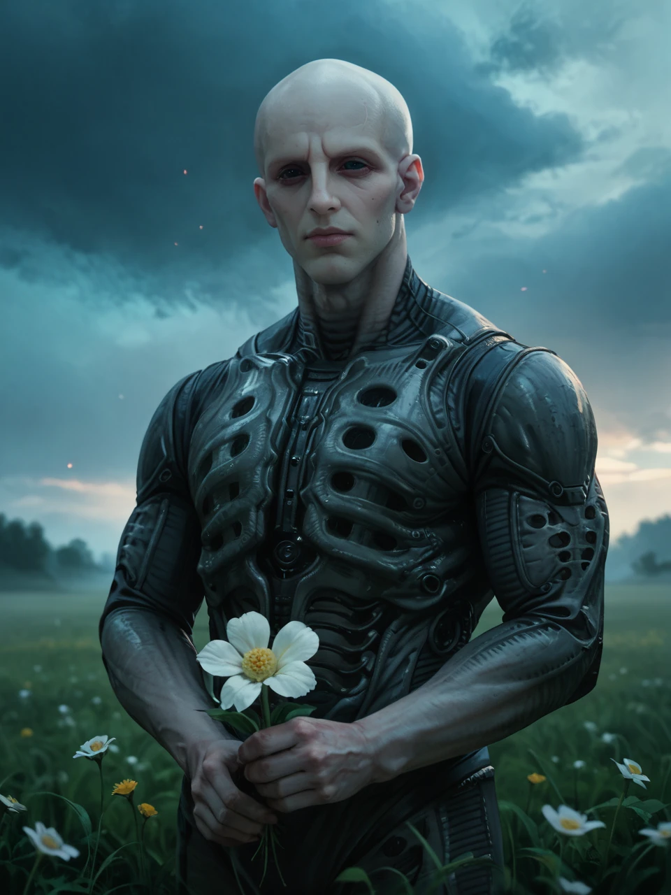 score_9, score_8_up, score_7_up, score_6_up, 3n61n33r, bodysuit, pale skin, black sclera, bald, holding flower,  looking at flower, field, twilight, cloudy, fog, half body portrait, depth of field, blue colors, cinematic lighting, aesthetic