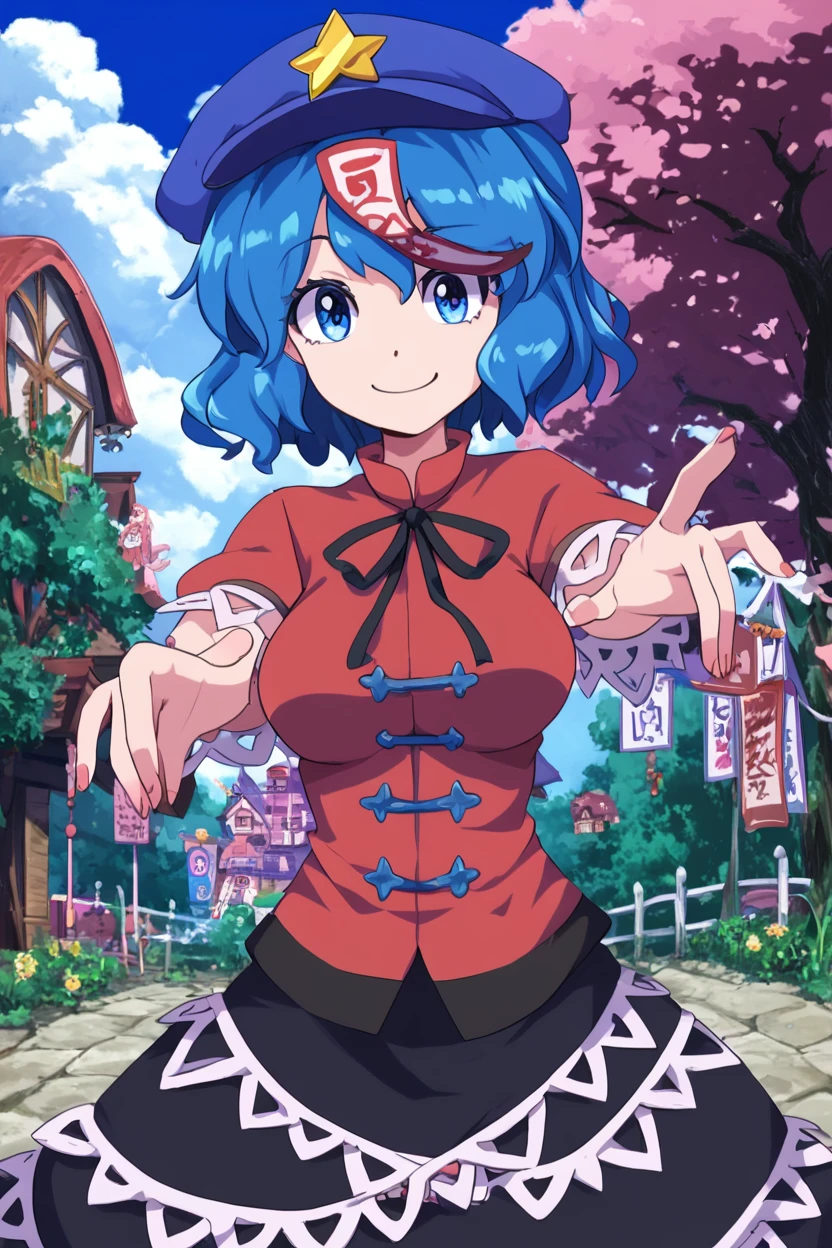 score_9, score_8_up, score_8, medium breasts, (curvy), cute, eyelashes,       ,,, , ,,, zzMiyako, blue eyes, blue hair, short hair, jiangshi, pale skin,  hat ornament, ofuda, star hat ornament, zombie pose, outstretched arms, black skirt, shirt <lora:MiyakoYoshika_Touhou_PDXL:1.0>,     ,,,, BREAK, smile, looking at viewer, cowboy shot, ,,, outdoors, sky, day, cloud, tree, blue sky, sunny,  ,,, Expressiveh, ,,, <lora:Alola_Style_PDXL:0.8>, <lora:Expressive_H-000001:0.4>,