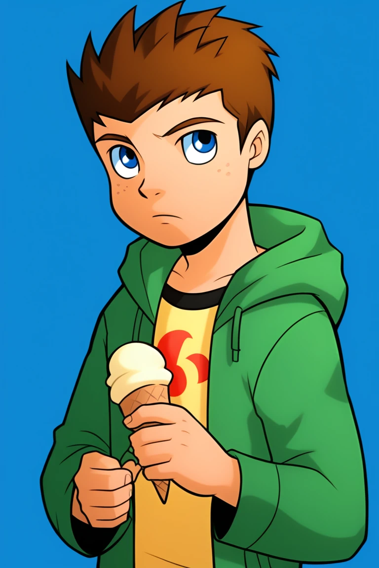 powerpack_jack, 1boy, male focus,male child, solo, brown hair, blue eyes, green hood,holding,ice cream, blue background,  simple background, spiked hair