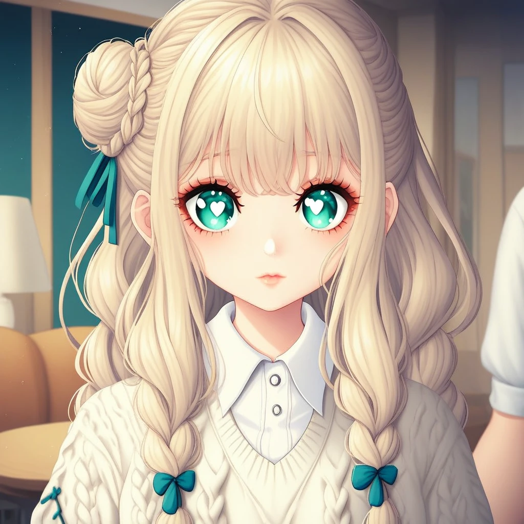 crochet sweater, collared shirt, indoors, bangs, single side bun, twin braids, long hair, braid, Soft anime, cable knit, white pupils, sweater, white sweater, heart