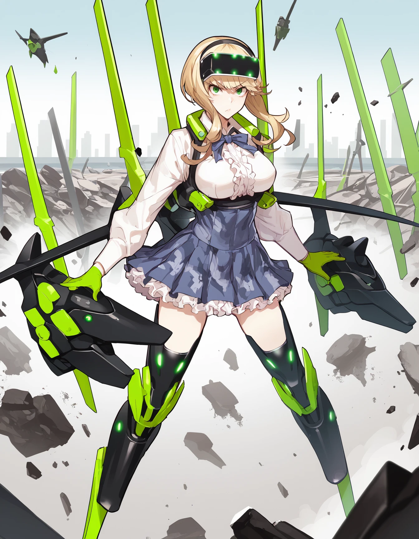 score_9, score_8_up, score_7_up, <lora:lyudmila-v5-ponyxl-000055:1> lyudmila, head-mounted display, digital camouflage, mecha musume, neck ribbon, long sleeves, underbust, gloves, high-waist skirt, thigh boots
1girl, solo, determined, city, battlefield, rubble, full body