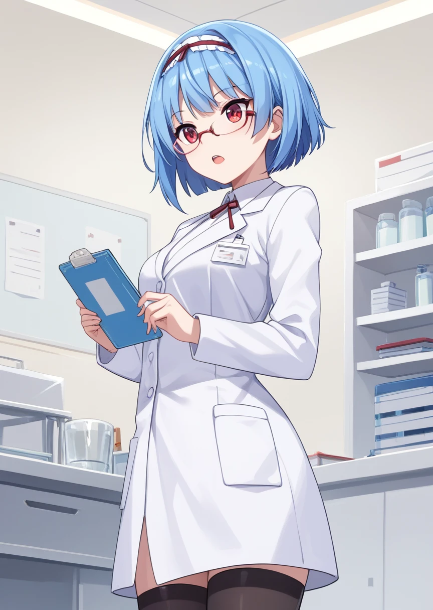 score_9, score_8_up, score_7_up, score_6_up, score_5_up, BREAK
s4ra, human, female, 1girl, solo, short hair, open mouth, red eyes, blue hair, hairband, glasses, , lab, lab coat, long sleeves, black thighhighs, standing, upper body