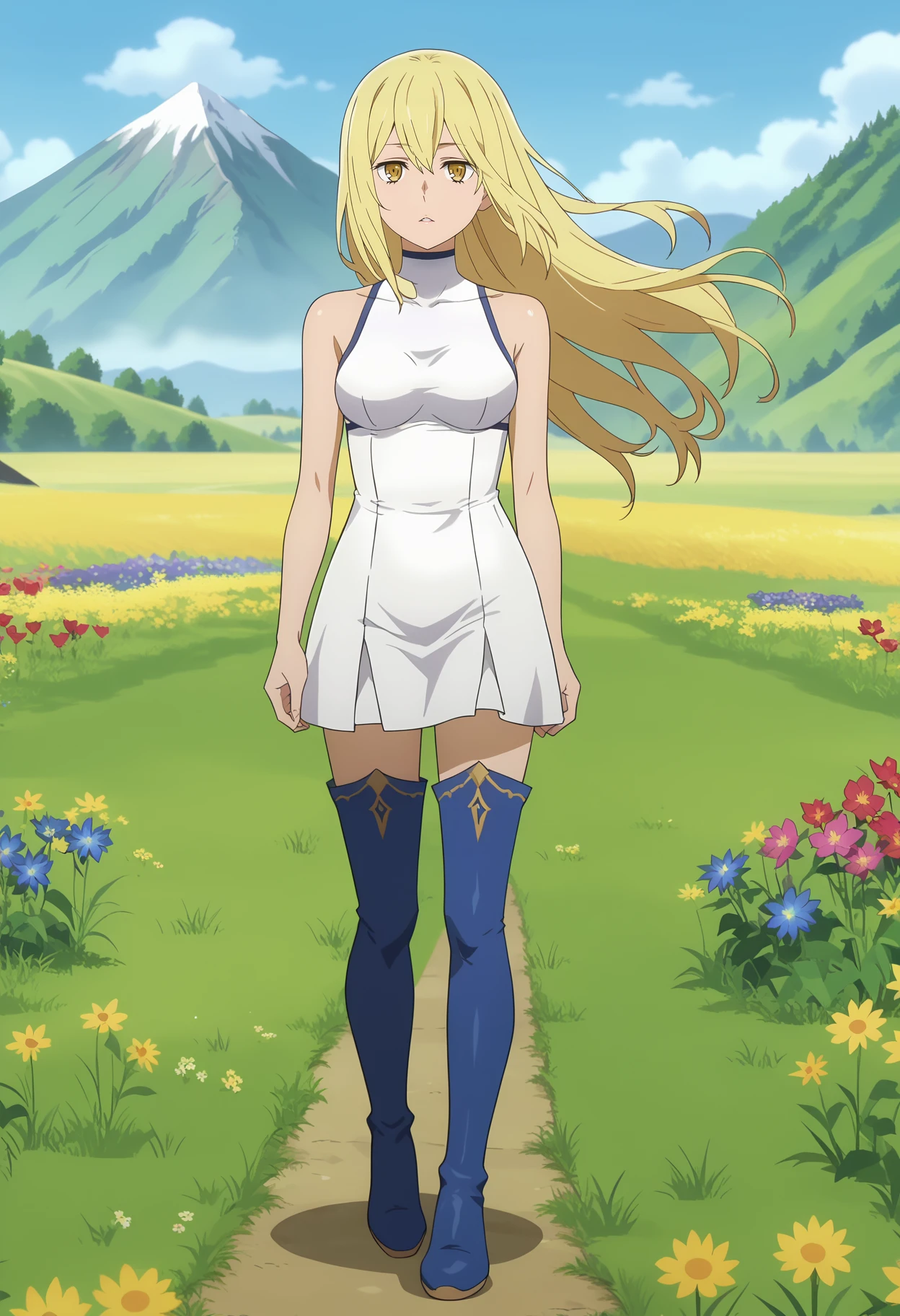 score_7_up, anime screencap,
<lora:DanMachi_AizWallensteinXL:0.9>,
1girl, solo, parted lips, floating hair,
long hair, blonde hair, hair between eyes, yellow eyes,
AisCasual, sleeveless dress, white dress, short dress,
thigh boots, blue footwear,
standing,
scenery, mountains, grass, flower field,