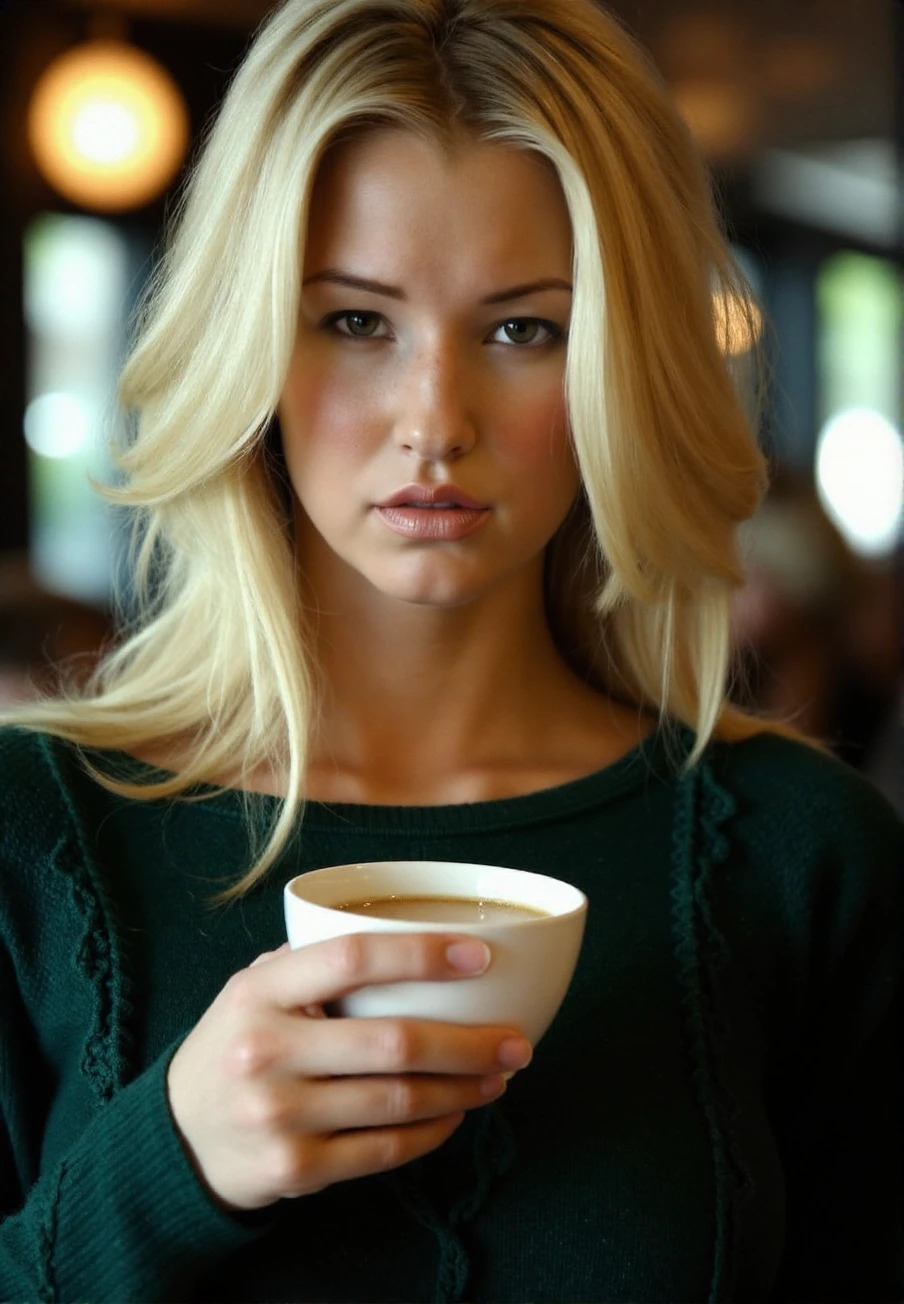 A professional photograph of a blonde haired young woman, Danica_Thr4ll, wearing a dark green cable-knit sweater, holding a latte in a cafe, detailed skin, bokeh, SFW<lora:Danica_Thrall-000018:1>