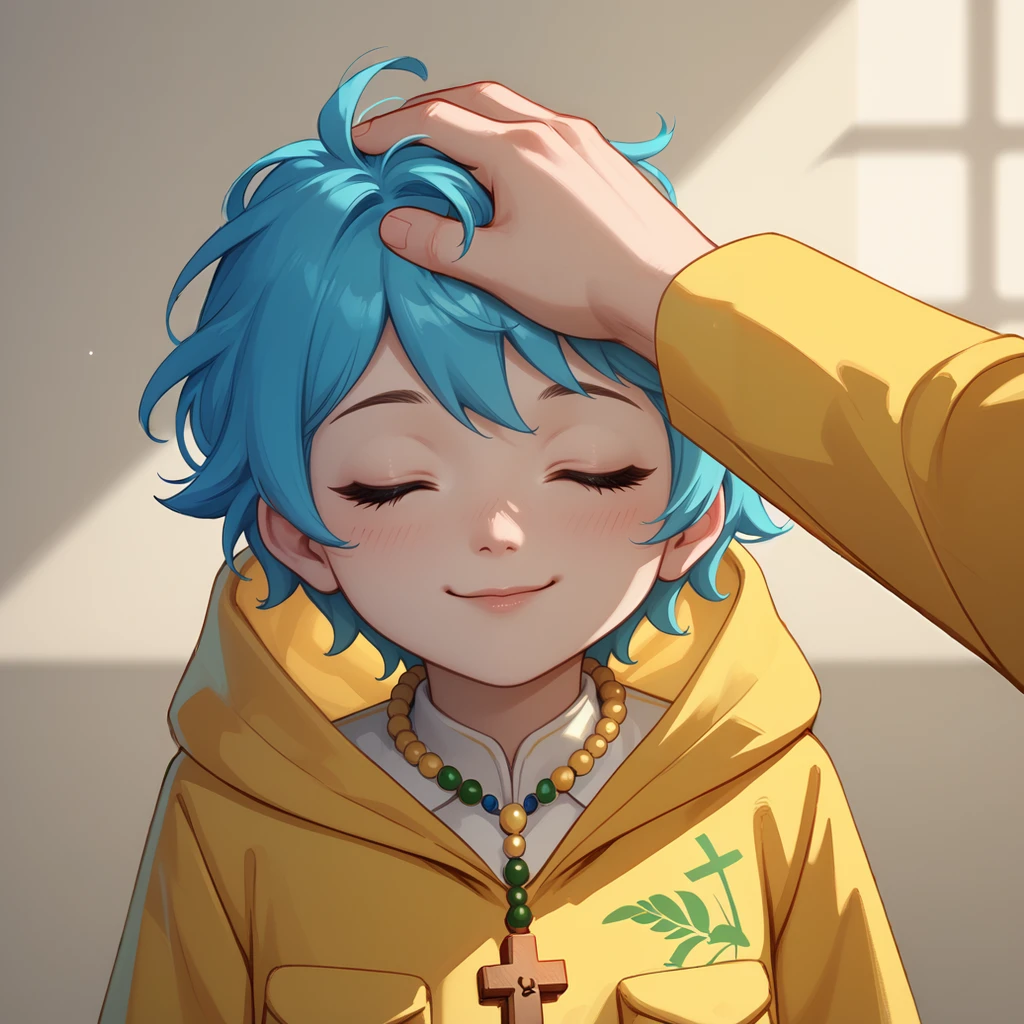 score_9,score_8_up,score_7_up,
luca-light,aqua hair,short hair,closed eyes,rosary,yellow raincoat,hood down,green logo,<lora:Luca:0.8>,<lora:Headpat_XLPD:1>,headpat,pov hands, smile,