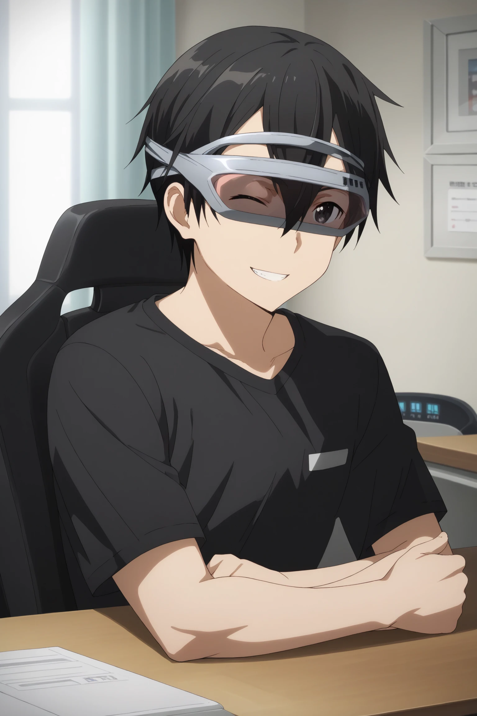 (head-mounted display:1.3), (no humans:1.3), (still life:1.2), <lora:AmuSphere:0.8>, score_9, score_8_up, score_7_up, score_6_up, score_5_up, source_anime, rating_safe, indoors, study room, 1boy, kazuto_kirigaya, black hair, black eyes, black shirt, hair between eyes, sword art online, <lora:kazuto_kirigaya_pony:0.7>, (cowboy shot:1.2), smile, teeth, wink, grin, thumbs up, sitting, desk, gaming chair,