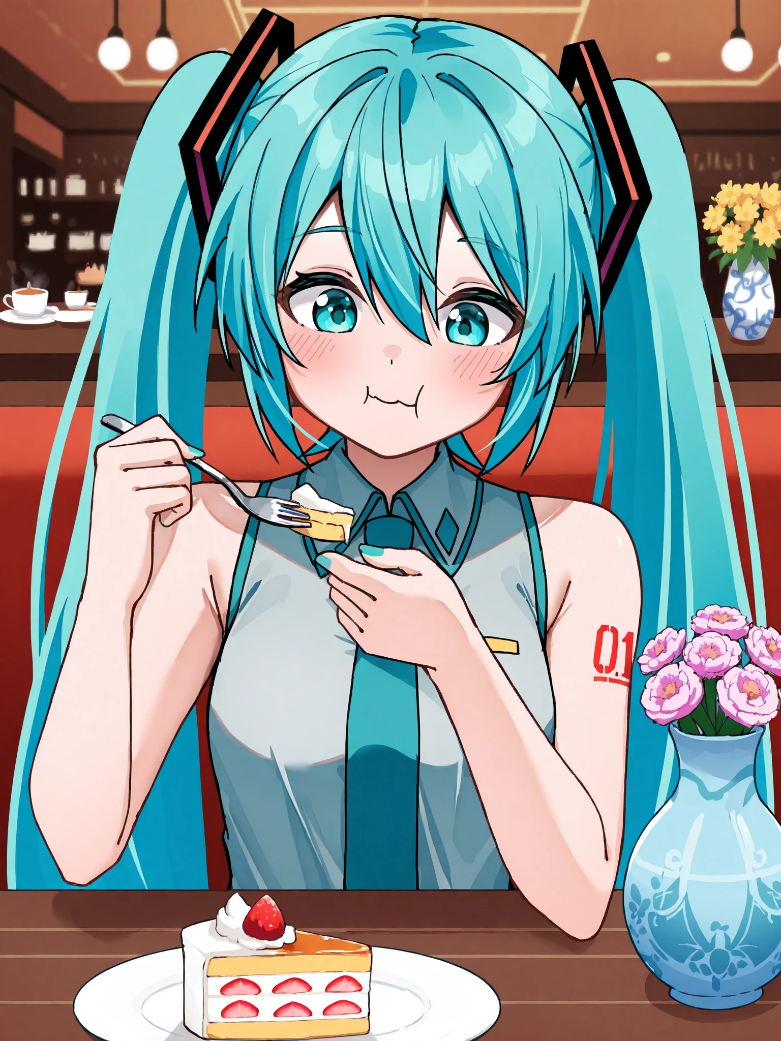 popokin,

BREAK, 1girl, hatsune miku, twintails, arm tattoo, aqua nail polish, aqua hair, aqua eyes,

cake slice, plate, holding fork, chewing, eating, tea, steam out of tea, flower vase, restaurant, 

close-up, facing viewer, looking down, 