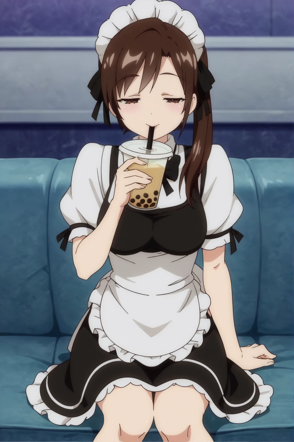score_9, score_8_up, score_7_up,anime_source, source_anime, best background, detailed background, anime screencap, Diana, apron, maid, solo, sitting, bubble tea, drinking, horny, naughty face, <lora:JN_Diana:0.8>