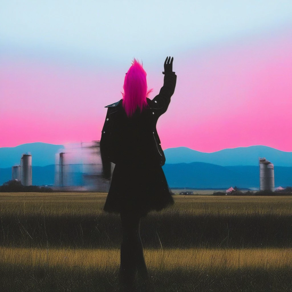 young woman, punk style, building, rural background, colorful