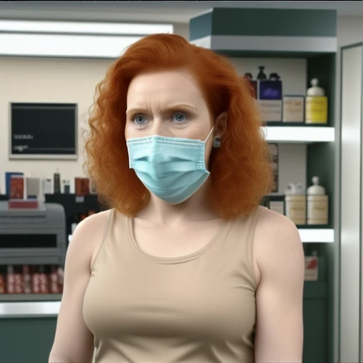 sugm45k1,  a woman wearing a surgical mask, soap opera tv show screengrab, standing in a corner shop, wearing a beige tank top, with ginger hair, screengrab, 4k,