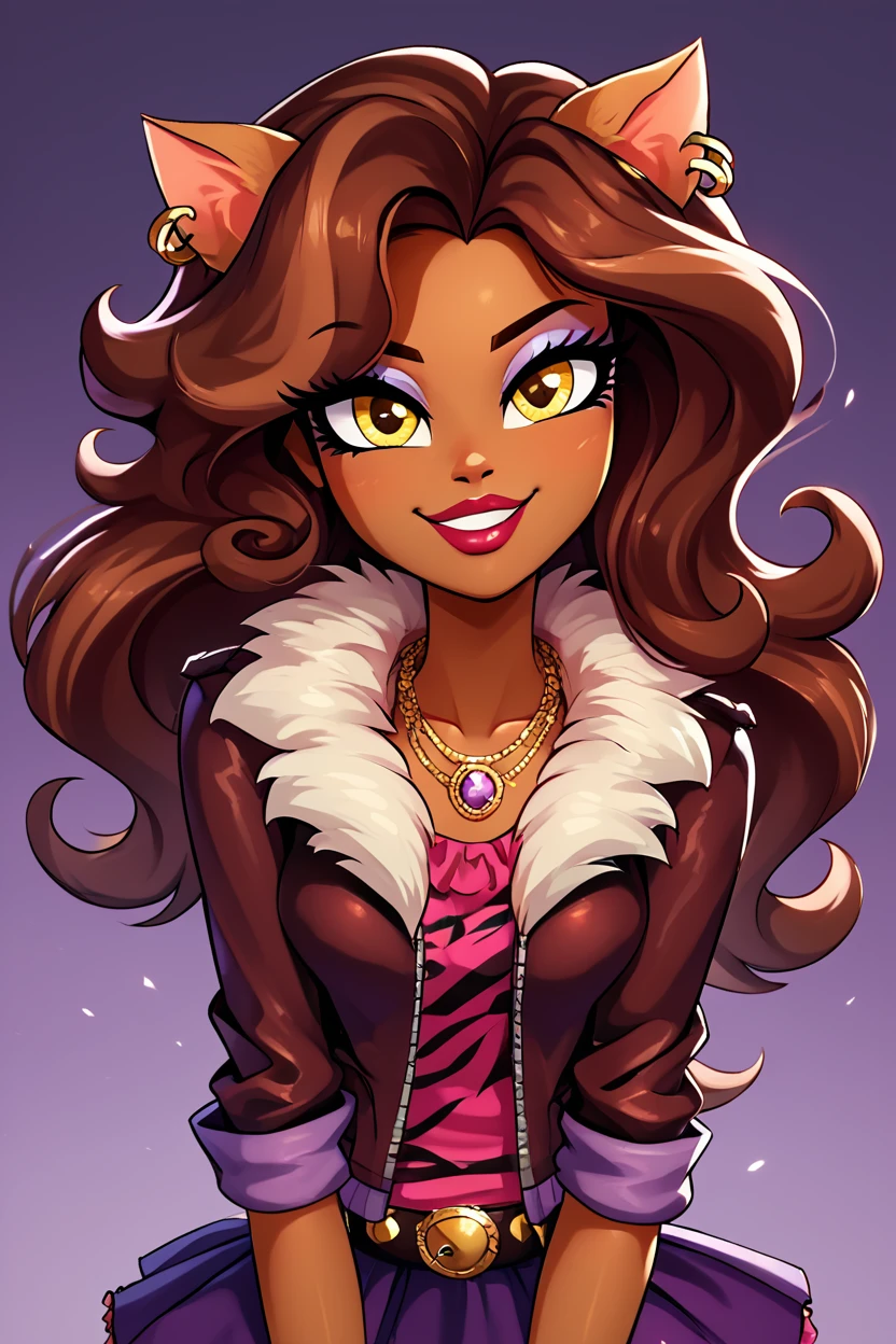 score_9, score_8_up, score_8, medium breasts, (curvy), cute, eyelashes,       BREAK, , zzClawdeen, long hair, brown hair, dark skin, animal ears, yellow eyes,  jewelry, earrings, makeup, lipstick, eyeshadow, jacket, skirt, belt, necklace, <lora:Clawdeen_MH_PDXL:0.8>,  , BREAK, looking at viewer, ,,, smile, upper body, leaning forward, head tilt, ,,, embedding:zPDXL, Expressiveh, ,,, <lora:theButcherXPDXL:0.8>, <lora:CatalystStylePDXL:0.6>, <lora:SDXLFaeTastic2400:0.5>, <lora:Expressive_H-000001:0.4>,