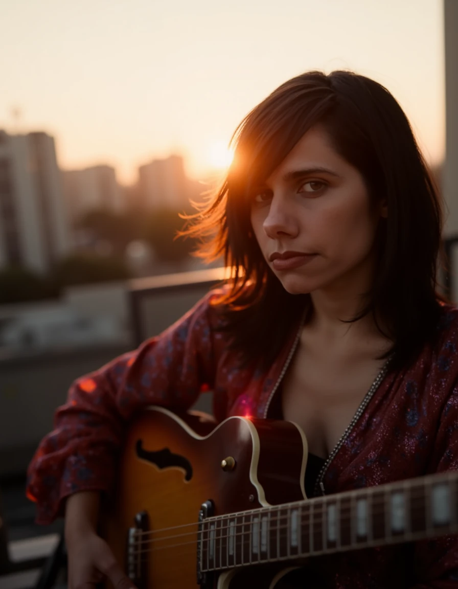 cinematic, cinematic lighting,.ultra realistic, ultra defined textures and colors, shot in the style of Sony Alpha A7 III, a candid of a woman, <lora:pjharvey:1> pharvey, pjhy, pjharv,  looking at the viewer,  a beautiful woman golden hour lighting, with natural sunlight highlighting a flowing bohemian dress on an urban rooftop. The cityscape provides a dreamy backdrop as she sits with her guitar, her beachy waves catching the light, and subtle shimmer on her face. Use a 50mm prime lens to capture the reflective and dreamy mood, focusing on warm tones like oranges, pinks, and purples, with distinctive features such as the sun setting behind the singer and city lights beginning to sparkle., detailed skin texture, (blush:0.5), (goosebumps:0.5), subsurface scattering, Photorealistic, Hyperrealistic, Hyperdetailed, analog style, soft lighting, subsurface scattering, realistic, heavy shadow, masterpiece, best quality, ultra realistic, 8k, golden ratio, Intricate, High Detail, film photography, soft focus