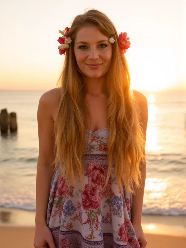 Aurora Snow is a long hair woman. She as a hippie dress with flowers in her hair on the beach at sunset.<lora:Aurora_Snow:0.9>