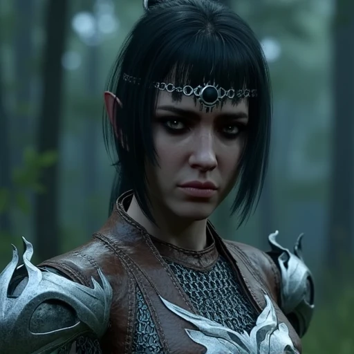 Portrait of a female character with short, dark hair styled in a choppy bob, wearing a mystical silver circlet with a black gemstone on her forehead. Her expression is intense, with dark eyes filled with sorrow or regret, as though caught in a moment of vulnerability. She dons a medieval-inspired armor combining leather and silver metal, with ornate shoulder pauldrons and a chainmail underlayer. The background is a dim, natural forest with cool, muted colors, adding an aura of solitude and emotional depth to the scene.