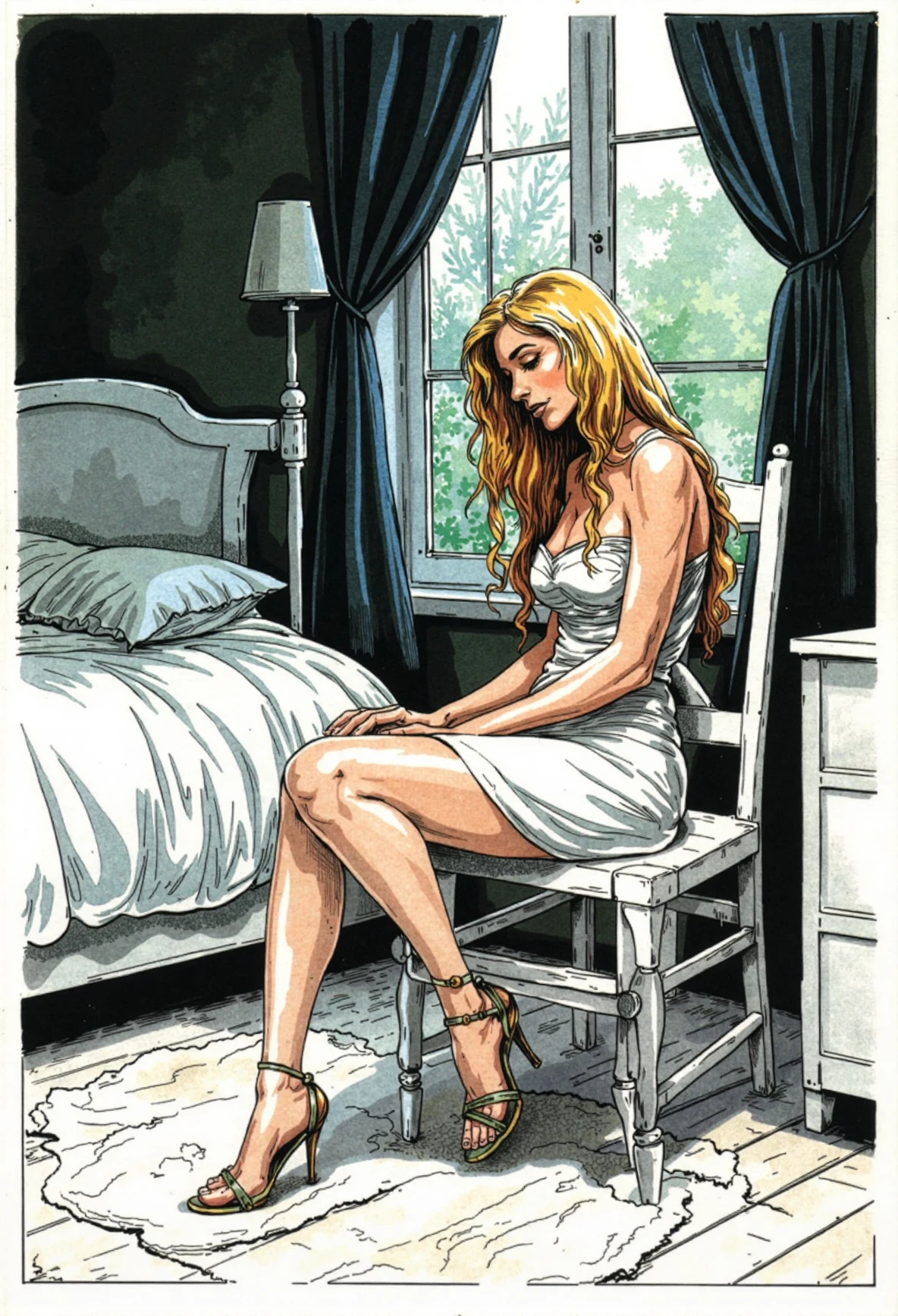 d0nkaThis image is a hand-drawn comic strip in a traditional, heavily inked style, with a dark and gritty aesthetic. The scene is framed with heavy ink lines, a dark and moody atmosphere, with deep shadows and stark contrasts.  A woman in a dimly lit bedroom, seated on a white wooden chair. She has long, blonde hair cascading down her back, and she is wearing a white dress and high heels on her feet. Her expression is contemplative, with her eyes looking down. The bedroom has a vintage, somewhat retro aesthetic with white-painted furniture.  To the left of the image, there is a bed with a white, ruffled comforter.  Behind the bed, a window with a white frame allows a glimpse of a garden or outdoor space, adding a touch of natural light.  The floor is light-colored wood, and a white, textured rug is placed under the chair where the woman is seated. The lighting is soft, casting gentle shadows and highlighting the textures of the fabrics and furniture.  The overall mood of the photograph is intimate and introspective, with a focus on the woman's quiet, personal moment.  <lora:FLUX\FLUX.1-Turbo-Alpha\FLUX.1-Turbo-Alpha.safetensors:1.0>     <lora:MyTrainings\Temp\Donka_F1D_ARZUMATA.safetensors:1>