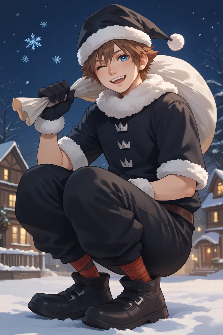 score_9, score_8_up, score_7_up, score_6_up, score_5_up,score_4_up , 
sora_xmas, brown hair, blue eyes, christmas, santa hat, santa costume, fur-trimmed jacket, black jacket, black pants, black footwear, socks, 1boy, male focus, hat, gloves, solo, one eye closed, smile, open mouth, sack, black gloves, snowflakes, looking at viewer, fur trim, short hair