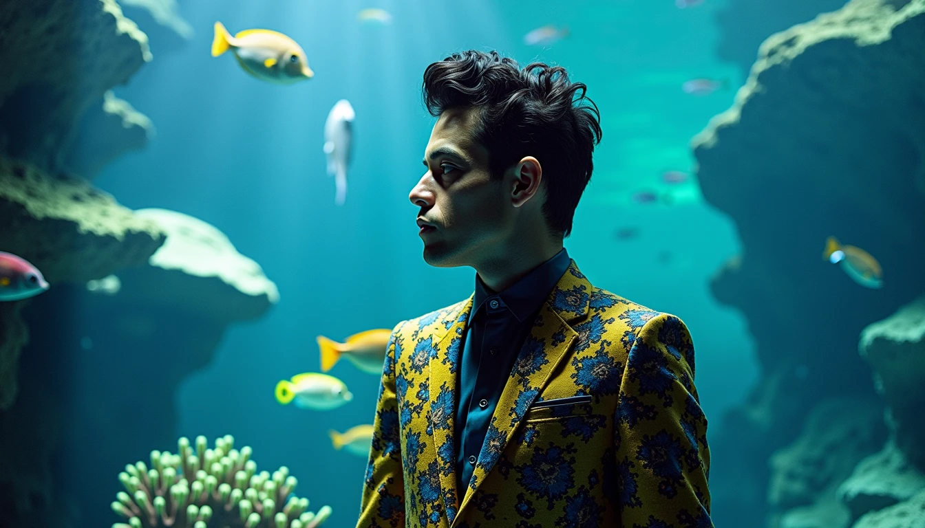 Rami Malek dressed up near his Piranja aquarium