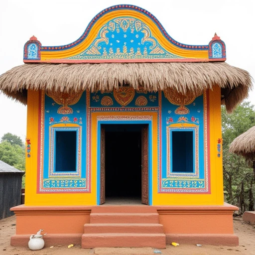 Rural_South_Asia_Vibes, Raw Ultra Hires photo of a colorful, traditional Indian-style house with a thatched roof. The house is painted in vibrant colors – blue, yellow, orange, and green – with intricate, decorative patterns and designs typical of Indian folk art. The facade features a mix of geometric and floral motifs, with a prominent use of arches, windows, and doorways. The structure has a stepped entrance with a small set of stairs leading up to a wooden door, framed by a colorful arch.