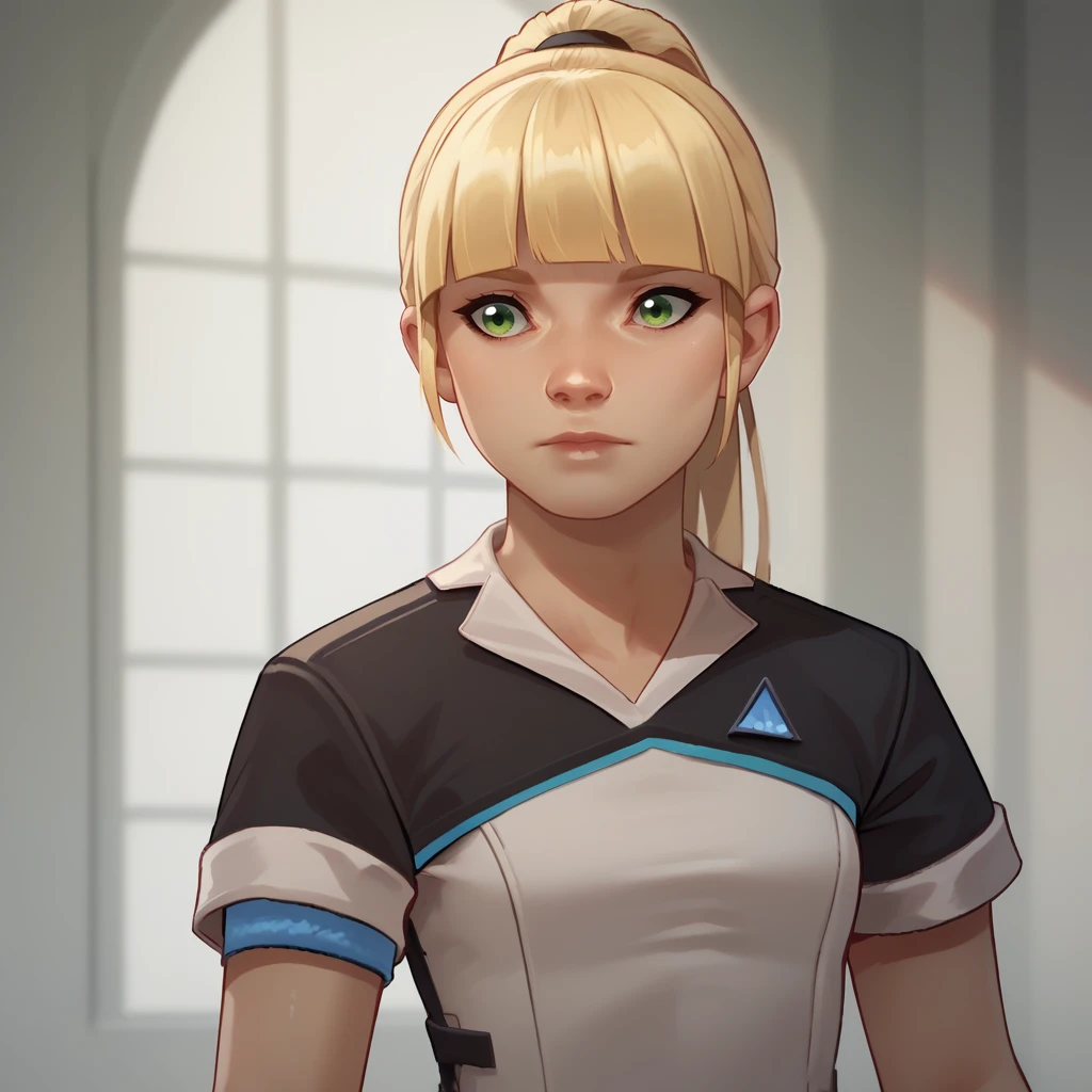 score_9, score_8_up, BREAK, HousekeeperOutfit, 1girl, solo, blonde hair, high ponytail, blunt bangs, green eyes, uniform, dress, short black sleeves, upper body, <lora:HousekeeperAndroidOutfit_DBH__PXL_Leaf2-000009:1>