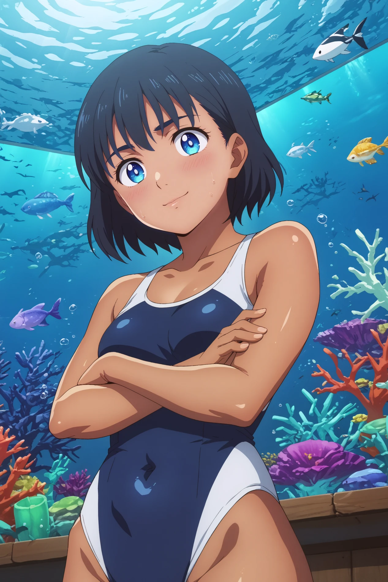 mio kofune,1girl,solo,short hair,dark skin,dark-skinned female,closed mouth,one-piece_swimsuit,swimsuit,standing,smile,upper body,looking at viewers,collarbone,crossed arms,from below,cowboy shot BREAK ruanyi1155,aquarium,indoors,underwater <lora:Mio_Kofune_-_Summer_Time_Rendering.safetensors:0.8> <lora:detailed_backgrounds_v2.safetensors:0.5> <lora:1155 aquarium_v1_pony.safetensors:1>