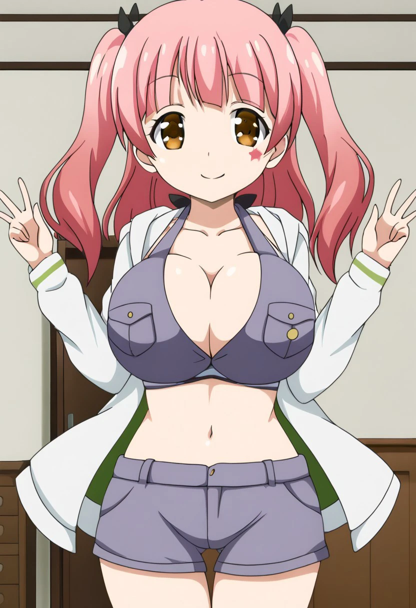 1girl, solo female, indoors, bedroom, happy, smile, looking at viewer, uncensored, BREAK, fujinoki nene, pink hair, two side up, brown eyes, star facial mark, BREAK, chiya op 2 outfit, white jacket, hooded jacket, open jacket, long sleeves, green stripes, grey bikini, breast pocket, halterneck, bikini top only, cleavage, huge breasts, grey shorts, short shorts,