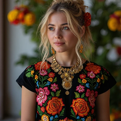 20 years old woman, she is blonde with blue eyes, her hair is bun, she is wearing a tradicional mexican dress, the dress is black with embroidered flowers