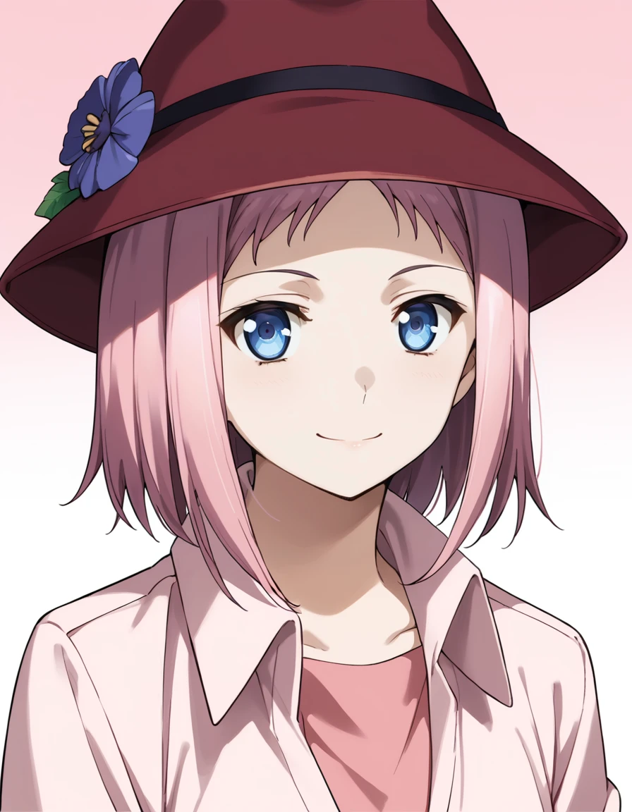 score_9, score_8_up, score_7_up, source_anime, BREAK
1girl, solo, looking at viewer, gradient background, upper body,
kazumi schlierenzauer, pink hair, short hair, blue eyes,
date outfit, hat, hat flower, pink collared shirt,
light smile,
<lora:kazumi_schlierenzauer_anime-soralz:1>