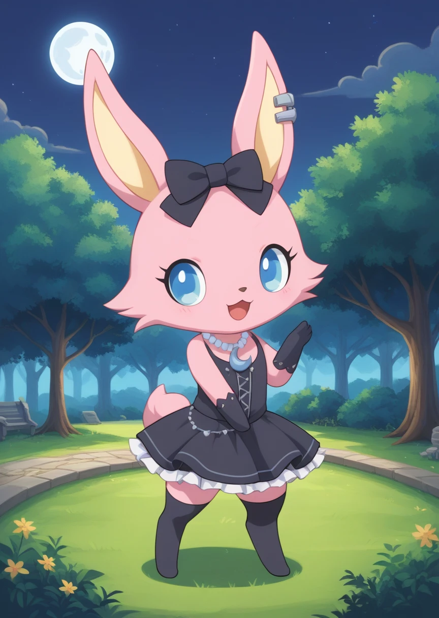 score_9, score_8_up, score_7_up, score_6_up, score_5_up, BREAK
Lun4, anthro, female, Jewelpet, solo, blue eyes, bow, jewelry, standing, full body, hair bow, necklace, gradient, no humans, castle, crescent, smile, happy, pink fur, looking at viewer, open mouth, park, moonlight, full moon, goth dress, thighhighs, goth gloves